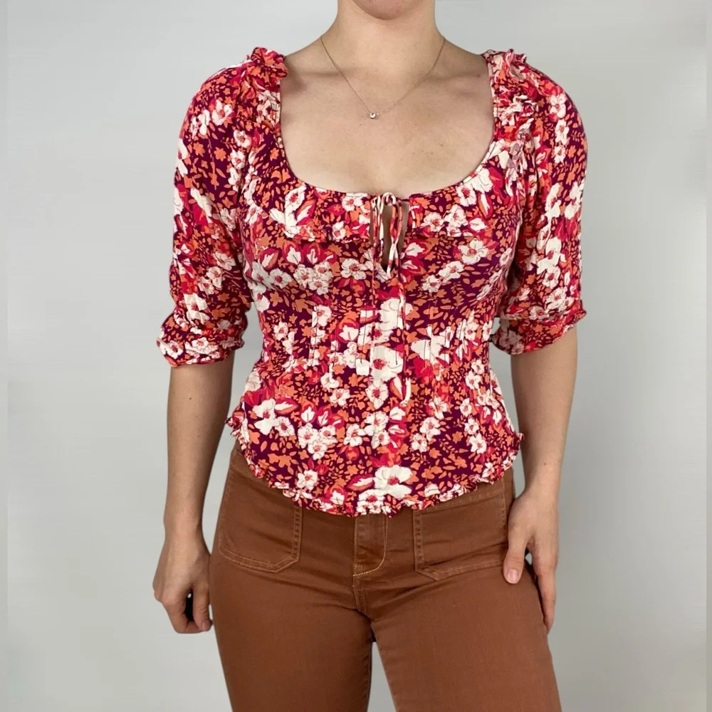 FREE PEOPLE Sweet Memories Floral‎ Ruffle Blouse Half Sleeve Pink Multi Color